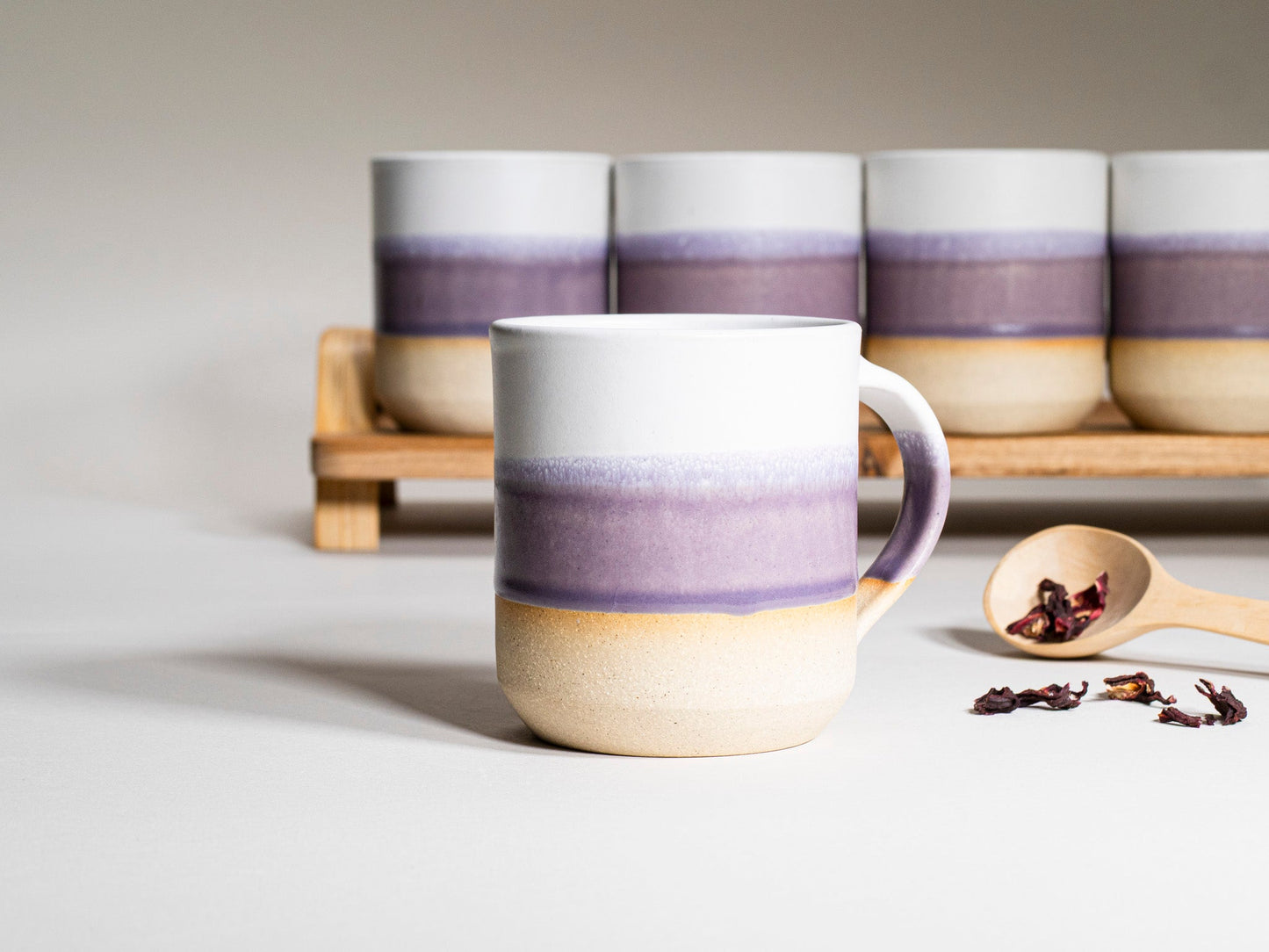 Ceramic Coffee Tea Mug with Handle Purple White 14 oz Stoneware