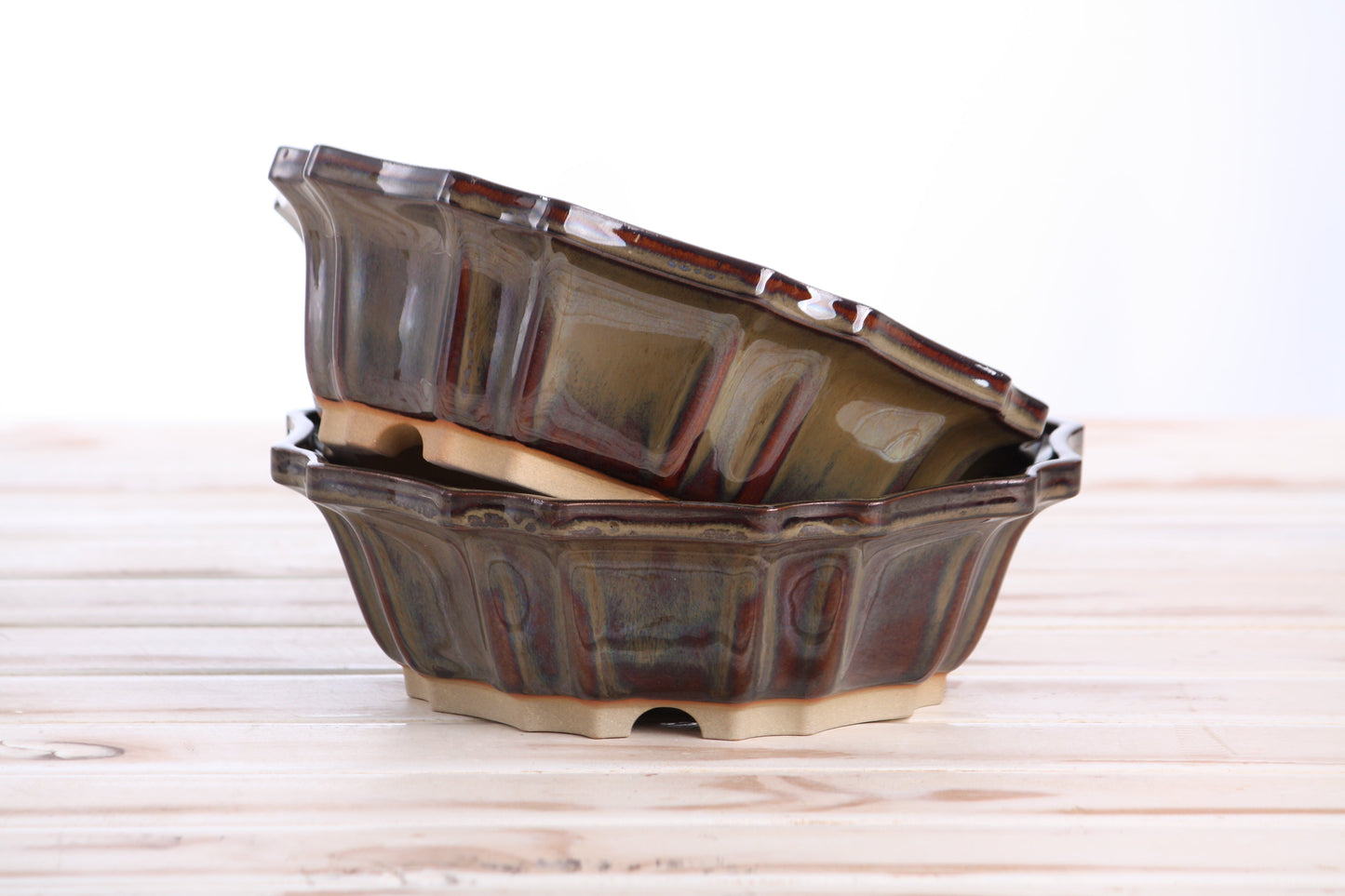 Willow Bonsai Ceramics Flower Design Bonsai Pot 8 Inch – Elegant Ceramic Bonsai & Succulent Planter, High‑Fired Frost‑Proof Stoneware with Drainage & Wiring Holes, Handmade in USA (Dark Honey)