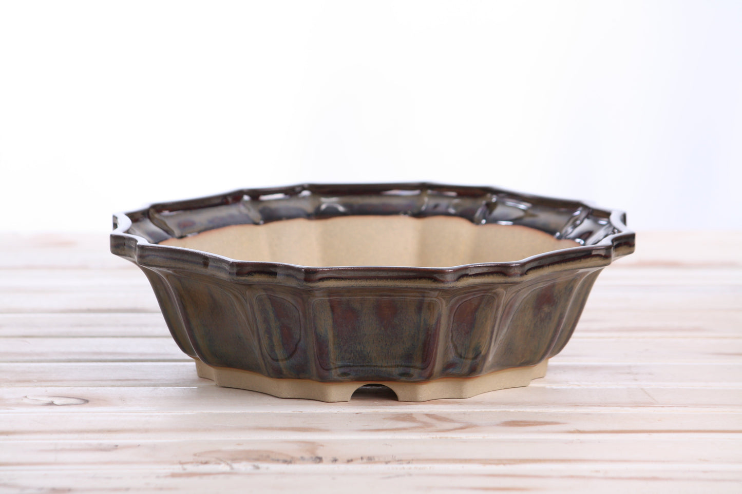 Willow Bonsai Ceramics Flower Design Bonsai Pot 10 Inch – Elegant Ceramic Bonsai & Succulent Planter, High‑Fired Frost‑Proof Stoneware with Drainage & Wiring Holes, Handmade in USA (Dark Honey)