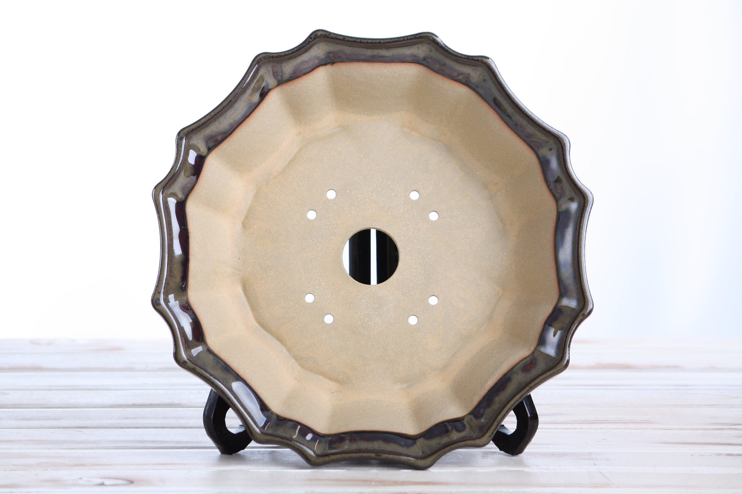 Willow Bonsai Ceramics Flower Design Bonsai Pot 10 Inch – Elegant Ceramic Bonsai & Succulent Planter, High‑Fired Frost‑Proof Stoneware with Drainage & Wiring Holes, Handmade in USA (Dark Honey)