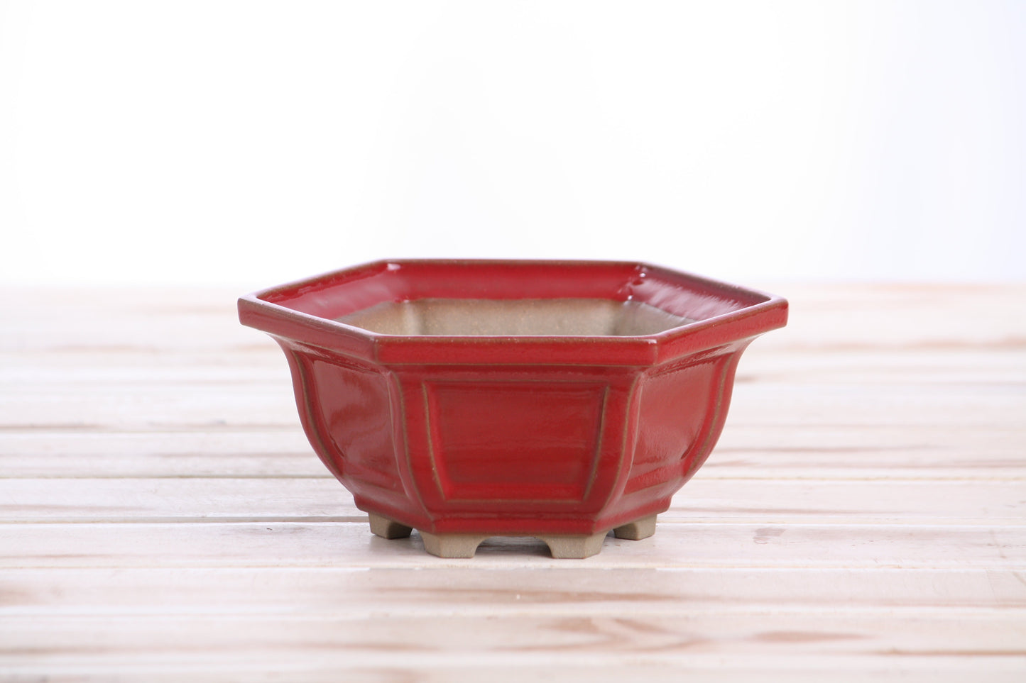 Willow Bonsai Ceramics Hexagonal Windowed Bonsai Pot 5 Inch – Semi‑Cascade Planter, High‑Fired Frost‑Proof Stoneware with Drainage & Wiring Holes, Handmade in USA (Red)