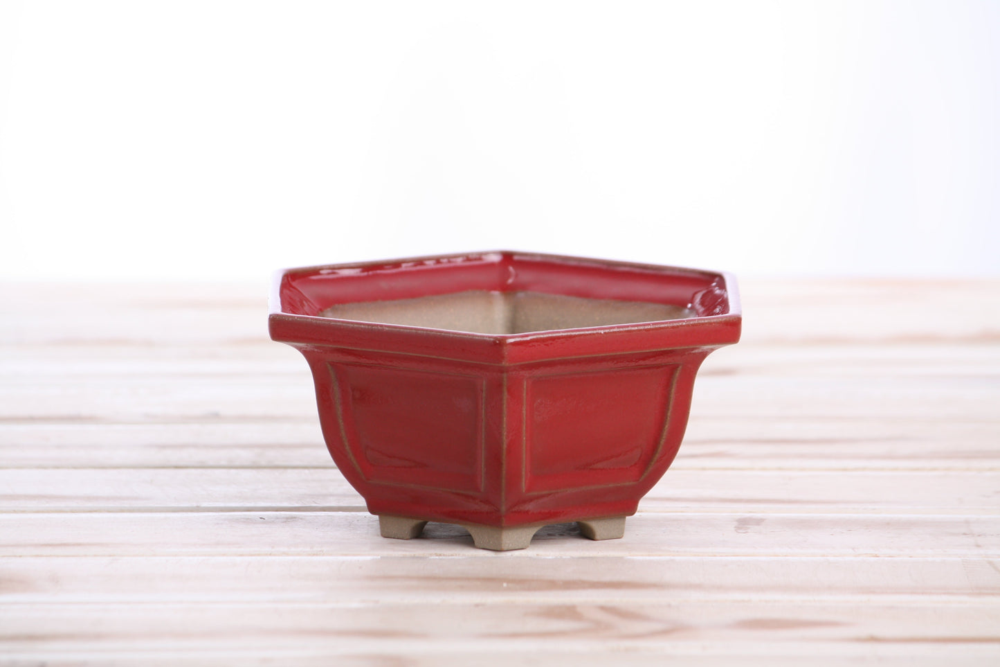 Willow Bonsai Ceramics Hexagonal Windowed Bonsai Pot 5 Inch – Semi‑Cascade Planter, High‑Fired Frost‑Proof Stoneware with Drainage & Wiring Holes, Handmade in USA (Red)