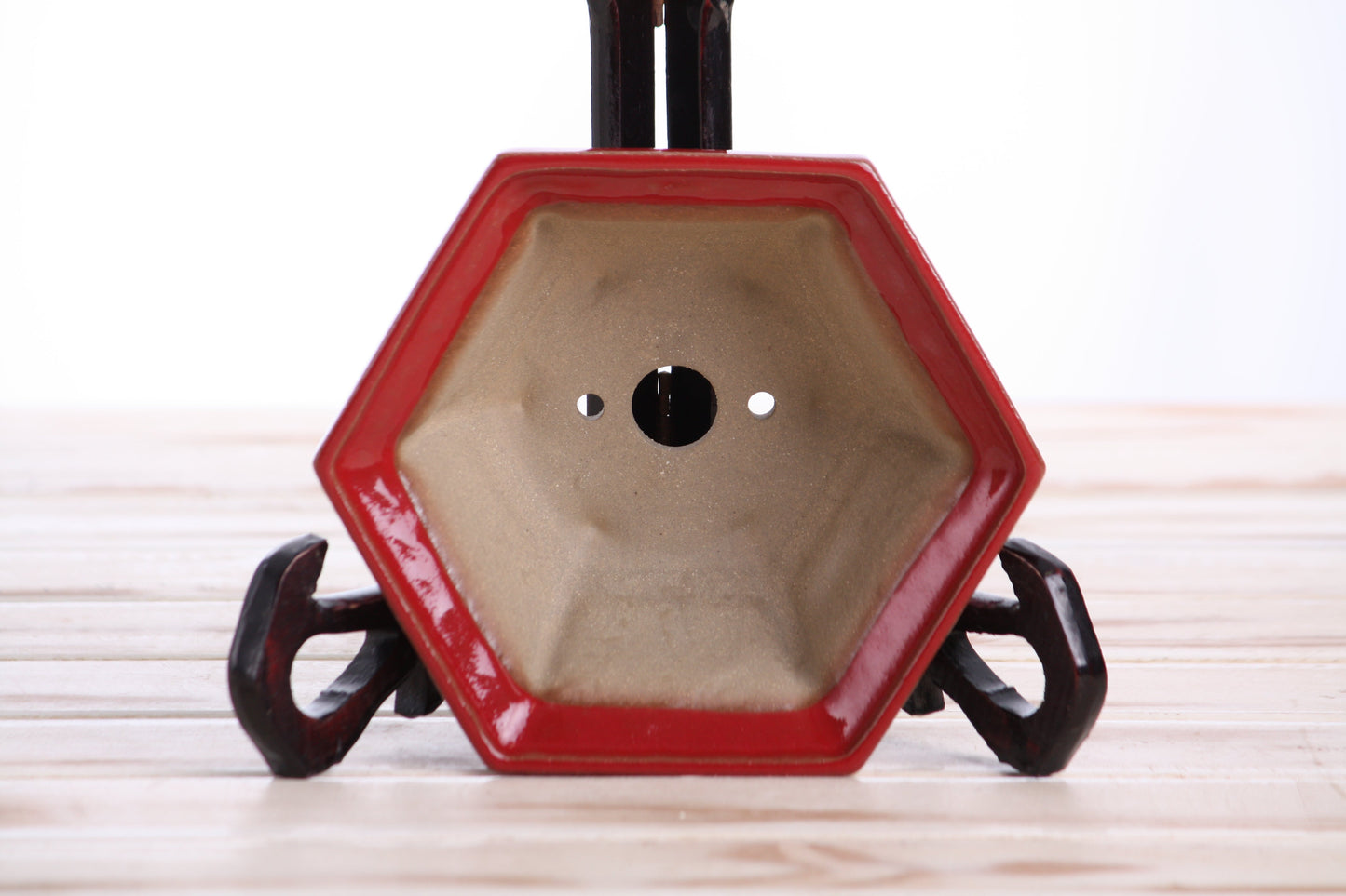 Willow Bonsai Ceramics Hexagonal Windowed Bonsai Pot 5 Inch – Semi‑Cascade Planter, High‑Fired Frost‑Proof Stoneware with Drainage & Wiring Holes, Handmade in USA (Red)