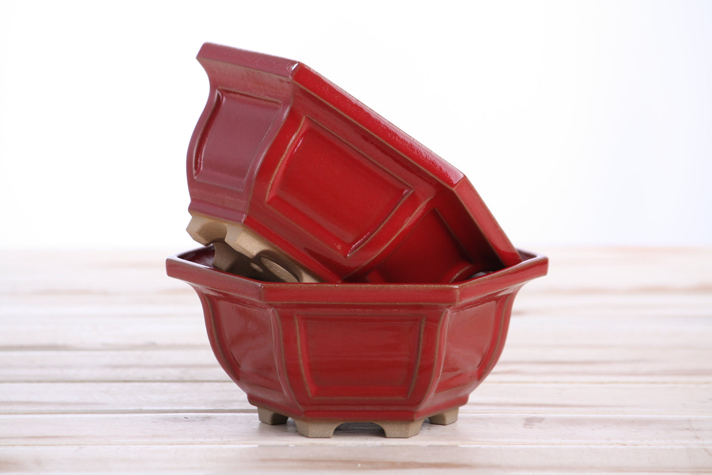 Willow Bonsai Ceramics Hexagonal Windowed Bonsai Pot 5 Inch – Semi‑Cascade Planter, High‑Fired Frost‑Proof Stoneware with Drainage & Wiring Holes, Handmade in USA (Red)