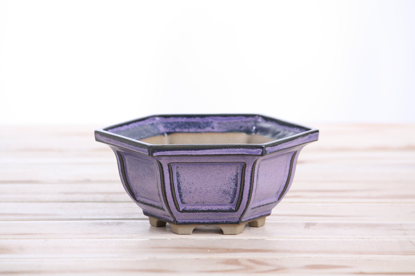 Willow Bonsai Ceramics Hexagonal Windowed Bonsai Pot 5 Inch – Semi‑Cascade Planter, High‑Fired Frost‑Proof Stoneware with Drainage & Wiring Holes, Handmade in USA (Purple)