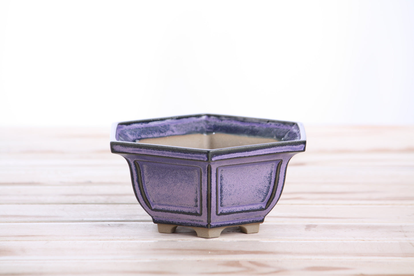 Willow Bonsai Ceramics Hexagonal Windowed Bonsai Pot 5 Inch – Semi‑Cascade Planter, High‑Fired Frost‑Proof Stoneware with Drainage & Wiring Holes, Handmade in USA (Purple)
