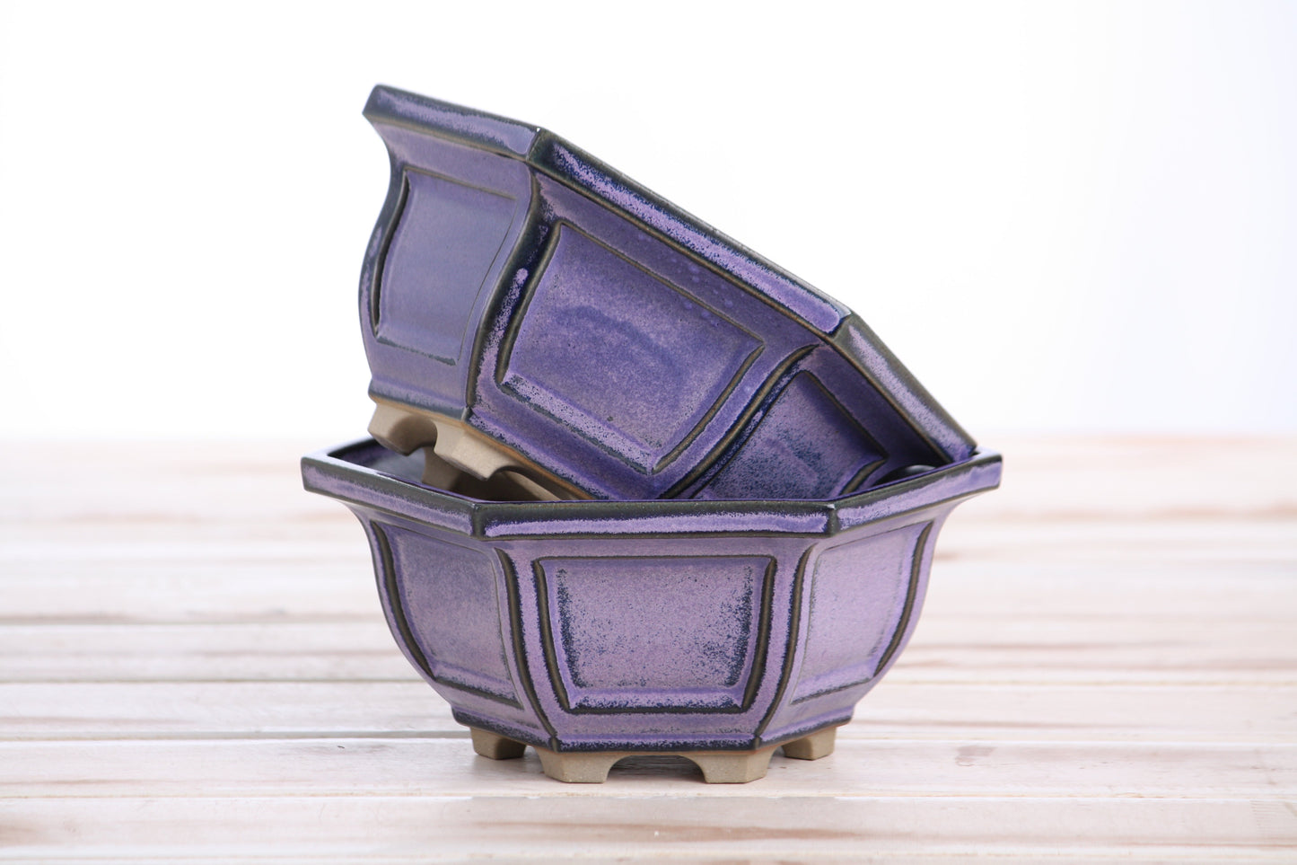 Willow Bonsai Ceramics Hexagonal Windowed Bonsai Pot 5 Inch – Semi‑Cascade Planter, High‑Fired Frost‑Proof Stoneware with Drainage & Wiring Holes, Handmade in USA (Purple)