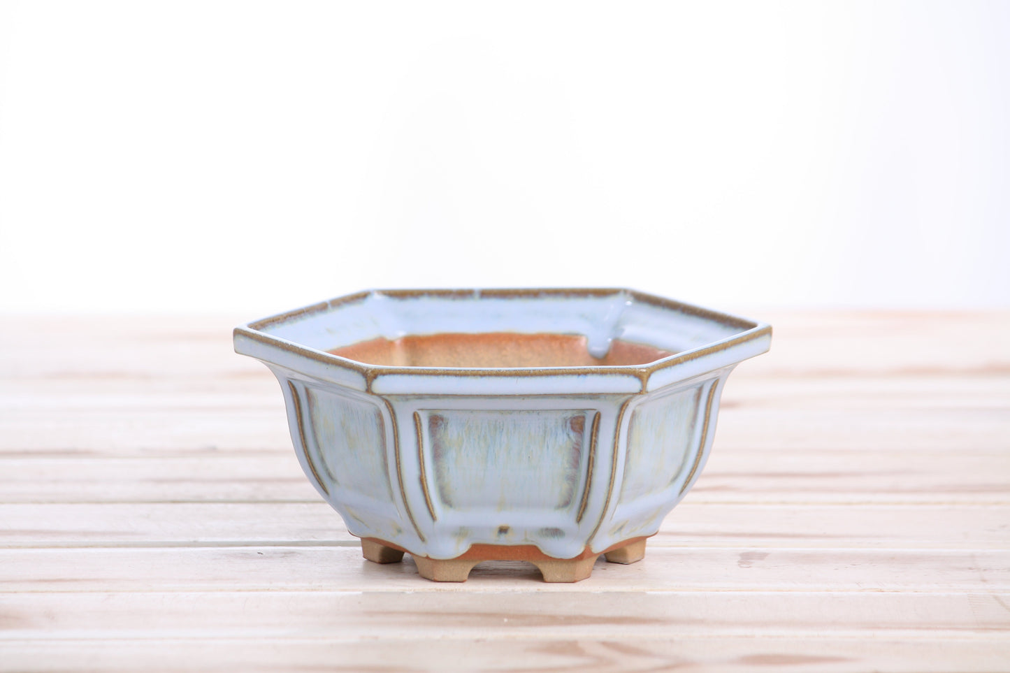 Willow Bonsai Ceramics Hexagonal Windowed Bonsai Pot 5 Inch – Semi‑Cascade Planter, High‑Fired Frost‑Proof Stoneware with Drainage & Wiring Holes, Handmade in USA (Glacier)