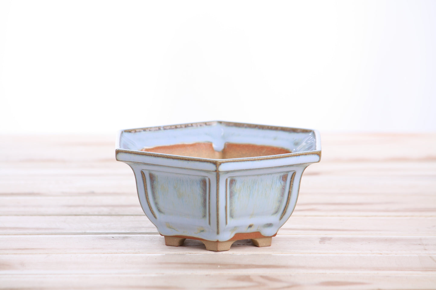 Willow Bonsai Ceramics Hexagonal Windowed Bonsai Pot 5 Inch – Semi‑Cascade Planter, High‑Fired Frost‑Proof Stoneware with Drainage & Wiring Holes, Handmade in USA (Glacier)