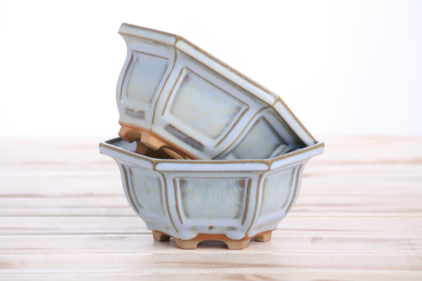 Willow Bonsai Ceramics Hexagonal Windowed Bonsai Pot 5 Inch – Semi‑Cascade Planter, High‑Fired Frost‑Proof Stoneware with Drainage & Wiring Holes, Handmade in USA (Glacier)