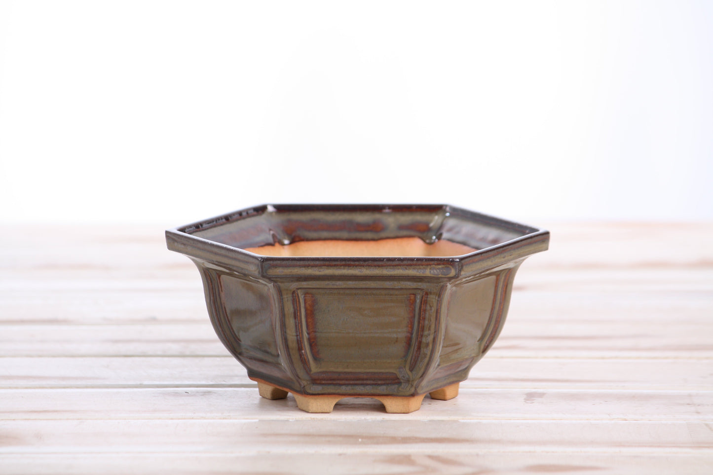 Willow Bonsai Ceramics Hexagonal Windowed Bonsai Pot 5 Inch – Semi‑Cascade Planter, High‑Fired Frost‑Proof Stoneware with Drainage & Wiring Holes, Handmade in USA (Dark Honey)