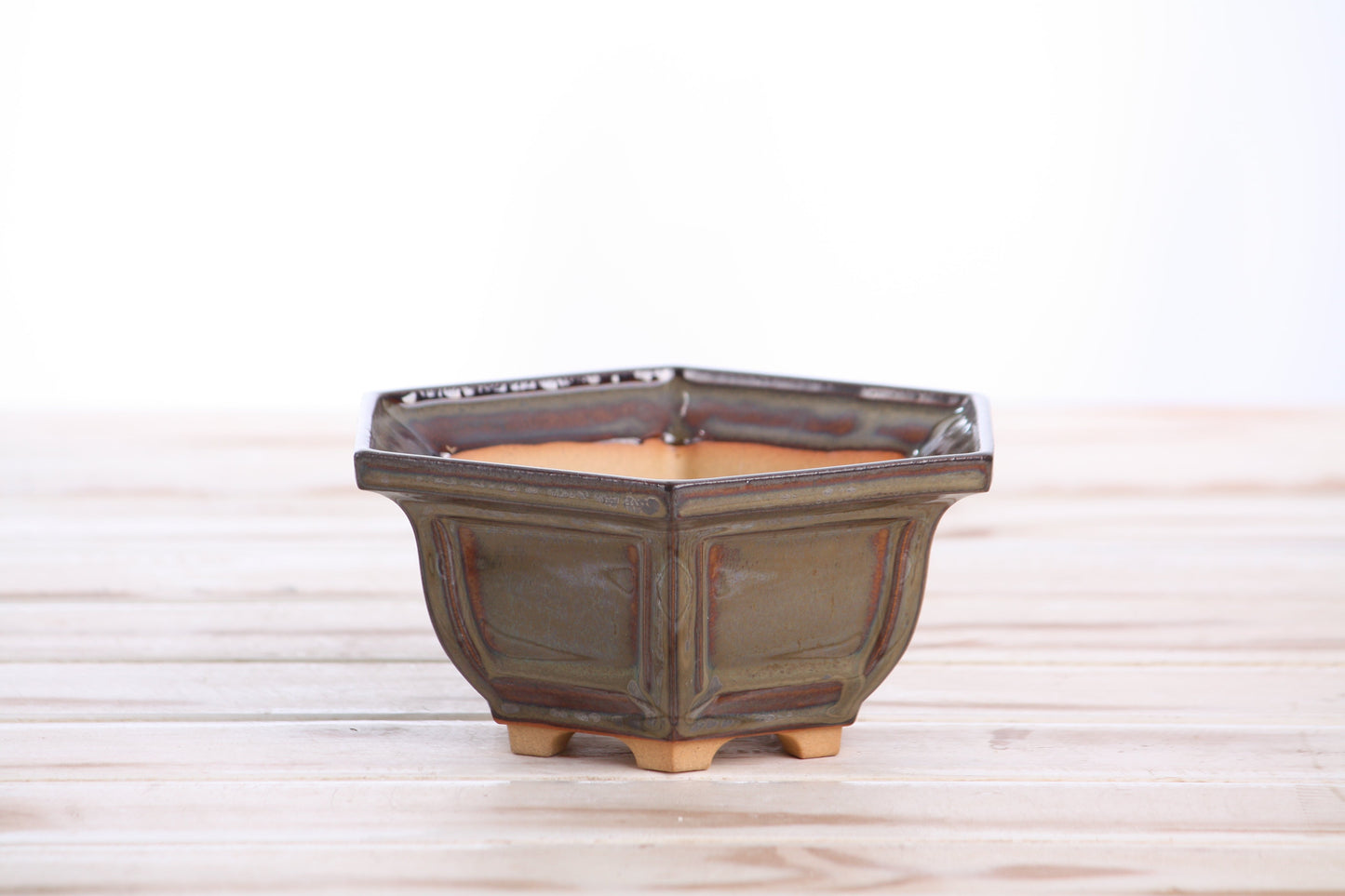 Willow Bonsai Ceramics Hexagonal Windowed Bonsai Pot 5 Inch – Semi‑Cascade Planter, High‑Fired Frost‑Proof Stoneware with Drainage & Wiring Holes, Handmade in USA (Dark Honey)