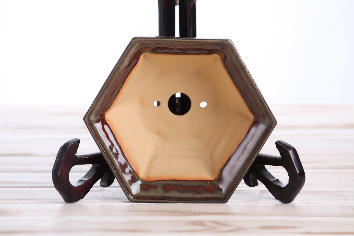 Willow Bonsai Ceramics Hexagonal Windowed Bonsai Pot 5 Inch – Semi‑Cascade Planter, High‑Fired Frost‑Proof Stoneware with Drainage & Wiring Holes, Handmade in USA (Dark Honey)