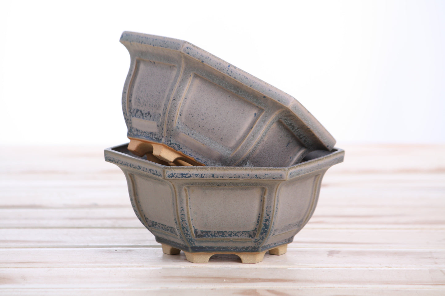 Willow Bonsai Ceramics Hexagonal Windowed Bonsai Pot 5 Inch – Semi‑Cascade Planter, High‑Fired Frost‑Proof Stoneware with Drainage & Wiring Holes, Handmade in USA (Ocean)