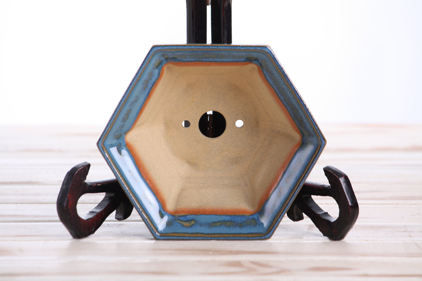 Willow Bonsai Ceramics Hexagonal Windowed Bonsai Pot 5 Inch – Semi‑Cascade Planter, High‑Fired Frost‑Proof Stoneware with Drainage & Wiring Holes, Handmade in USA (Peacock 2025)