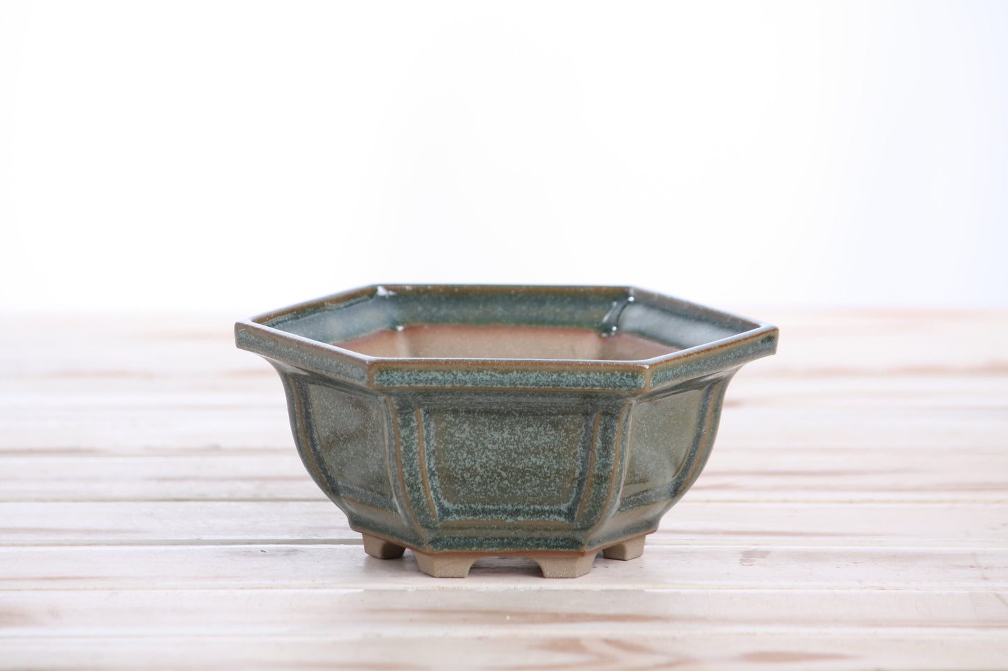 Willow Bonsai Ceramics Hexagonal Windowed Bonsai Pot 5 Inch – Semi‑Cascade Planter, High‑Fired Frost‑Proof Stoneware with Drainage & Wiring Holes, Handmade in USA (Seaweed 2025)