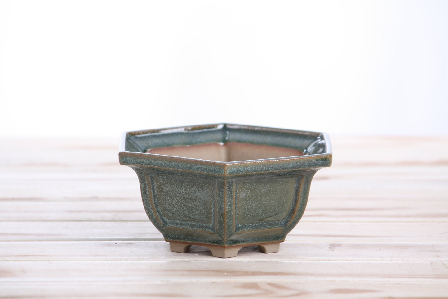 Willow Bonsai Ceramics Hexagonal Windowed Bonsai Pot 5 Inch – Semi‑Cascade Planter, High‑Fired Frost‑Proof Stoneware with Drainage & Wiring Holes, Handmade in USA (Seaweed 2025)
