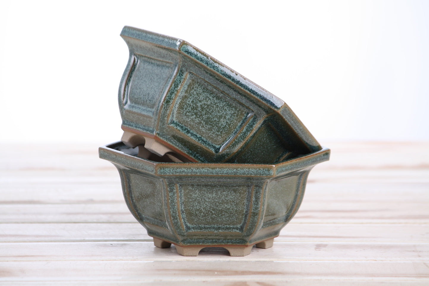 Willow Bonsai Ceramics Hexagonal Windowed Bonsai Pot 5 Inch – Semi‑Cascade Planter, High‑Fired Frost‑Proof Stoneware with Drainage & Wiring Holes, Handmade in USA (Seaweed 2025)