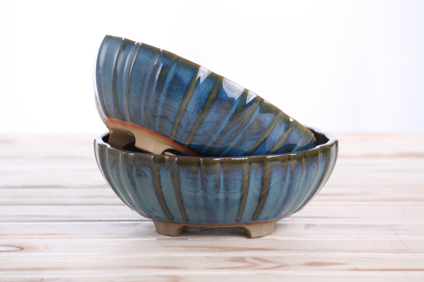 Willow Bonsai Ceramics Lily Bonsai Pot 7 Inch – Sculpted Rounded Ceramic Bonsai & Succulent Planter with Wavy Profile, High‑Fired Frost‑Proof Stoneware, Handmade in USA (Peacock)