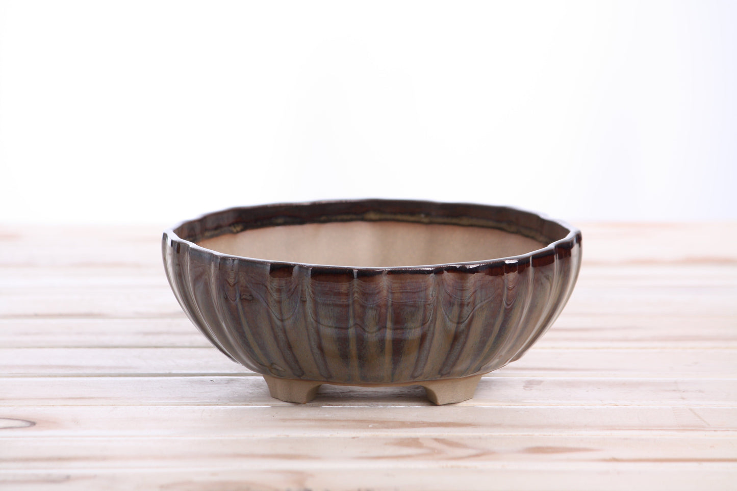Willow Bonsai Ceramics Lily Bonsai Pot 7 Inch – Sculpted Rounded Ceramic Bonsai & Succulent Planter with Wavy Profile, High‑Fired Frost‑Proof Stoneware, Handmade in USA (Dark Honey)