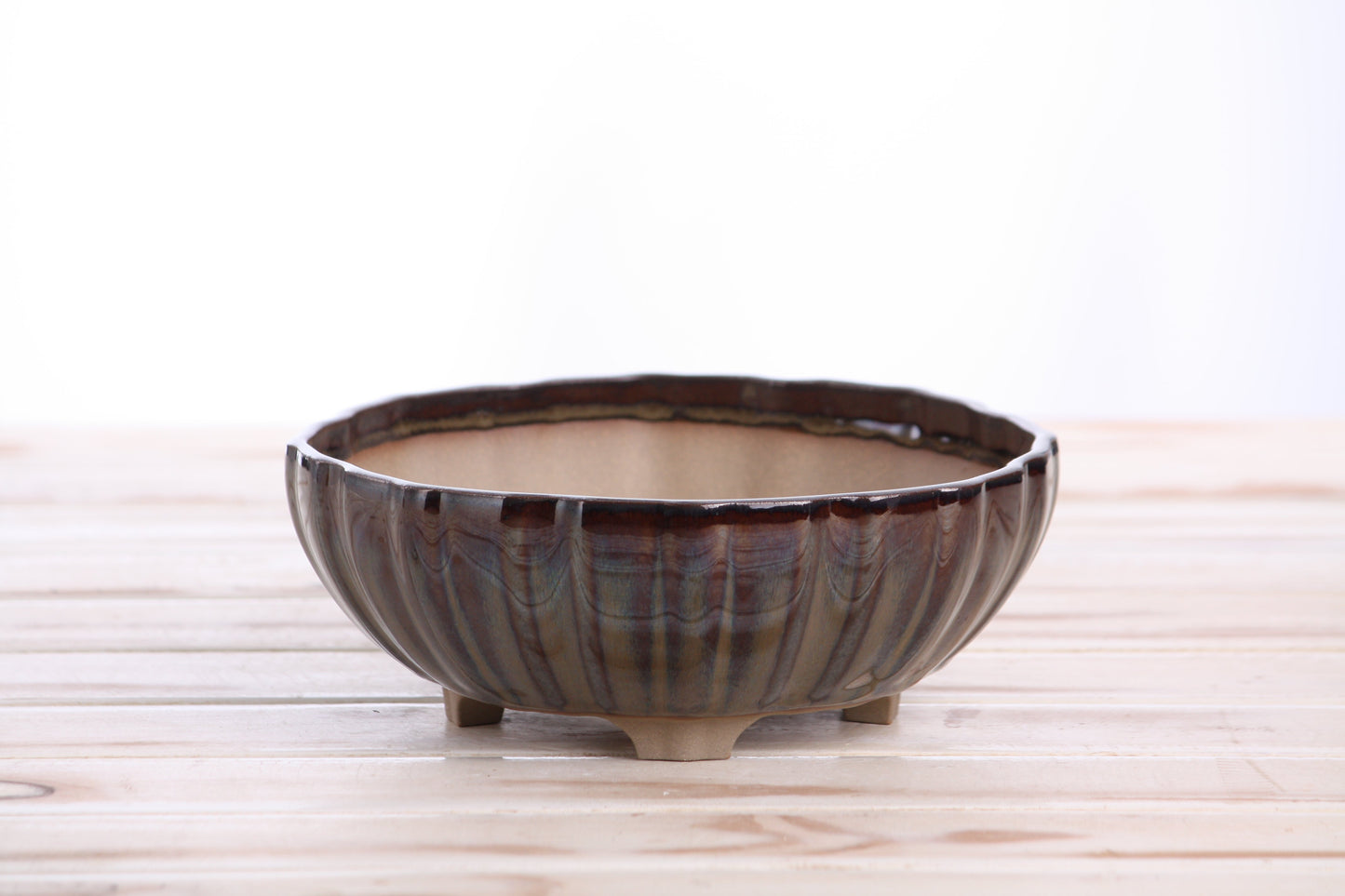 Willow Bonsai Ceramics Lily Bonsai Pot 7 Inch – Sculpted Rounded Ceramic Bonsai & Succulent Planter with Wavy Profile, High‑Fired Frost‑Proof Stoneware, Handmade in USA (Dark Honey)