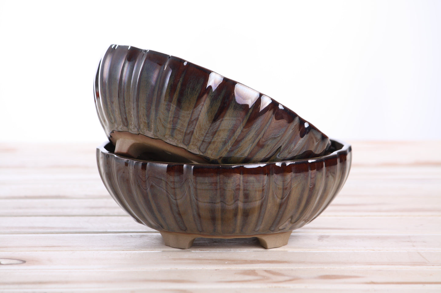 Willow Bonsai Ceramics Lily Bonsai Pot 7 Inch – Sculpted Rounded Ceramic Bonsai & Succulent Planter with Wavy Profile, High‑Fired Frost‑Proof Stoneware, Handmade in USA (Dark Honey)