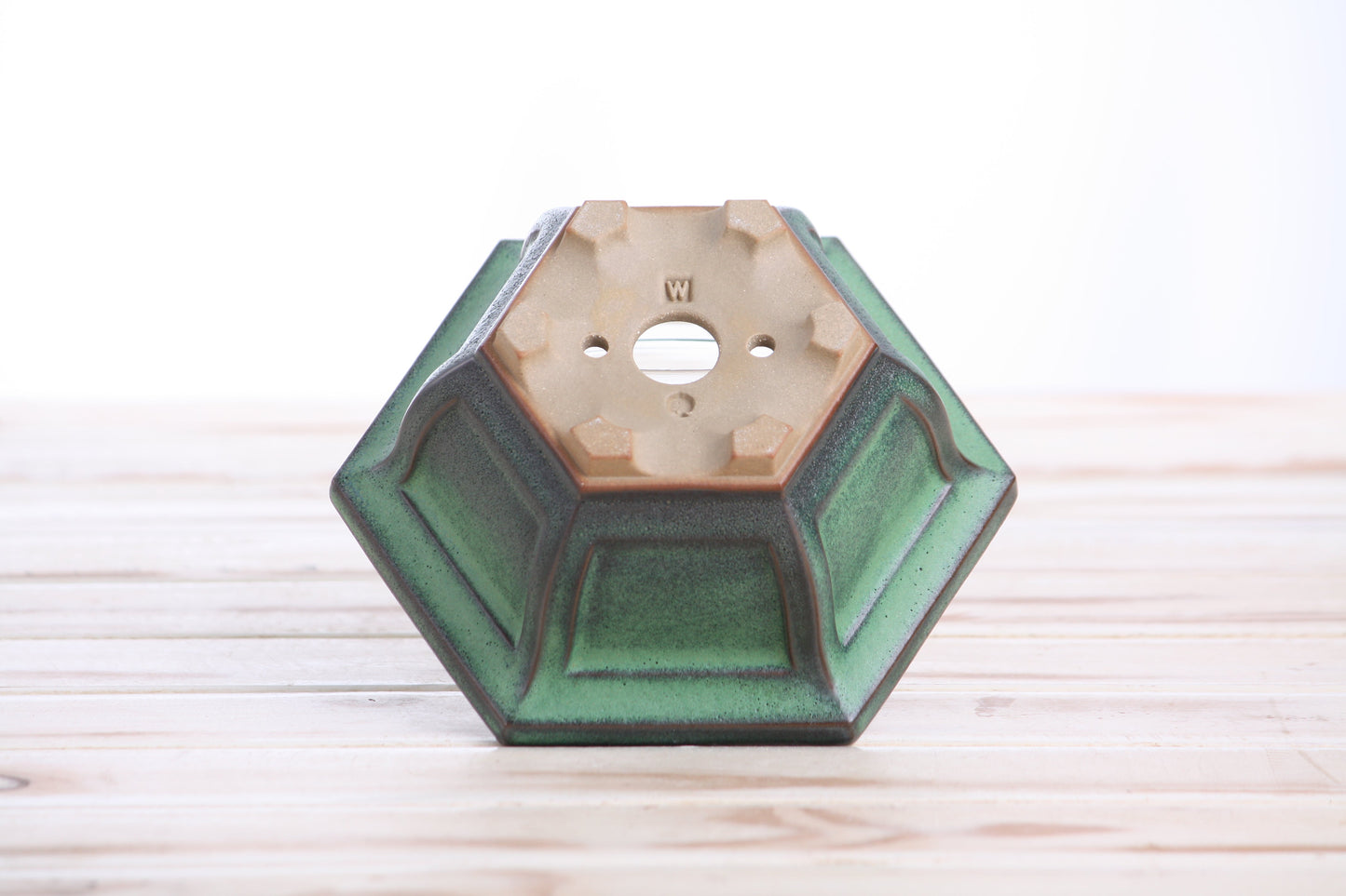 Willow Bonsai Ceramics Hexagonal Windowed Bonsai Pot 5 Inch – Semi‑Cascade Planter, High‑Fired Frost‑Proof Stoneware with Drainage & Wiring Holes, Handmade in USA (Avocado)