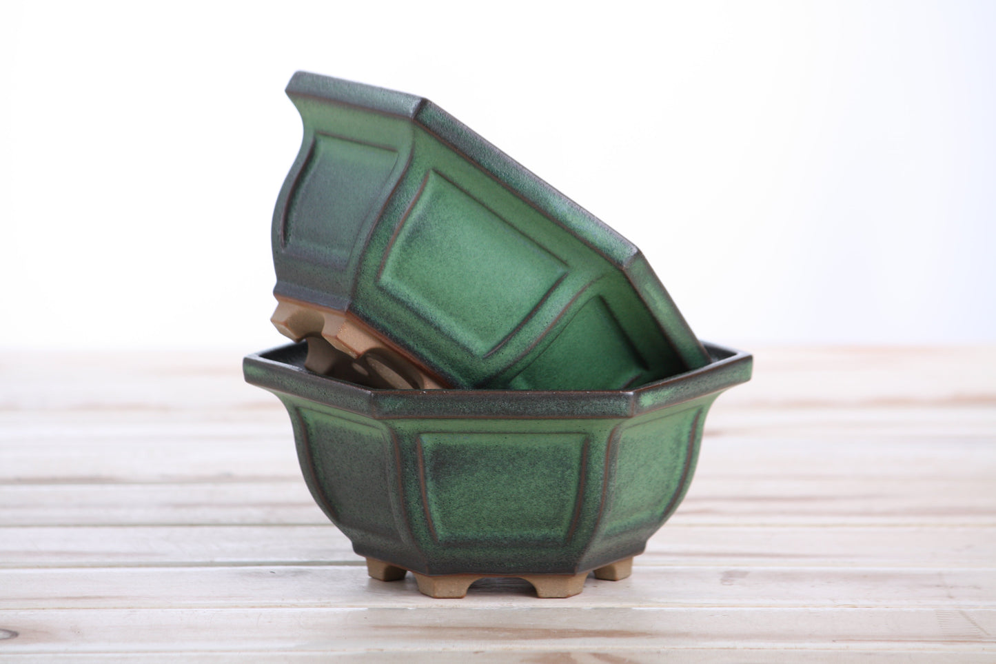 Willow Bonsai Ceramics Hexagonal Windowed Bonsai Pot 5 Inch – Semi‑Cascade Planter, High‑Fired Frost‑Proof Stoneware with Drainage & Wiring Holes, Handmade in USA (Avocado)
