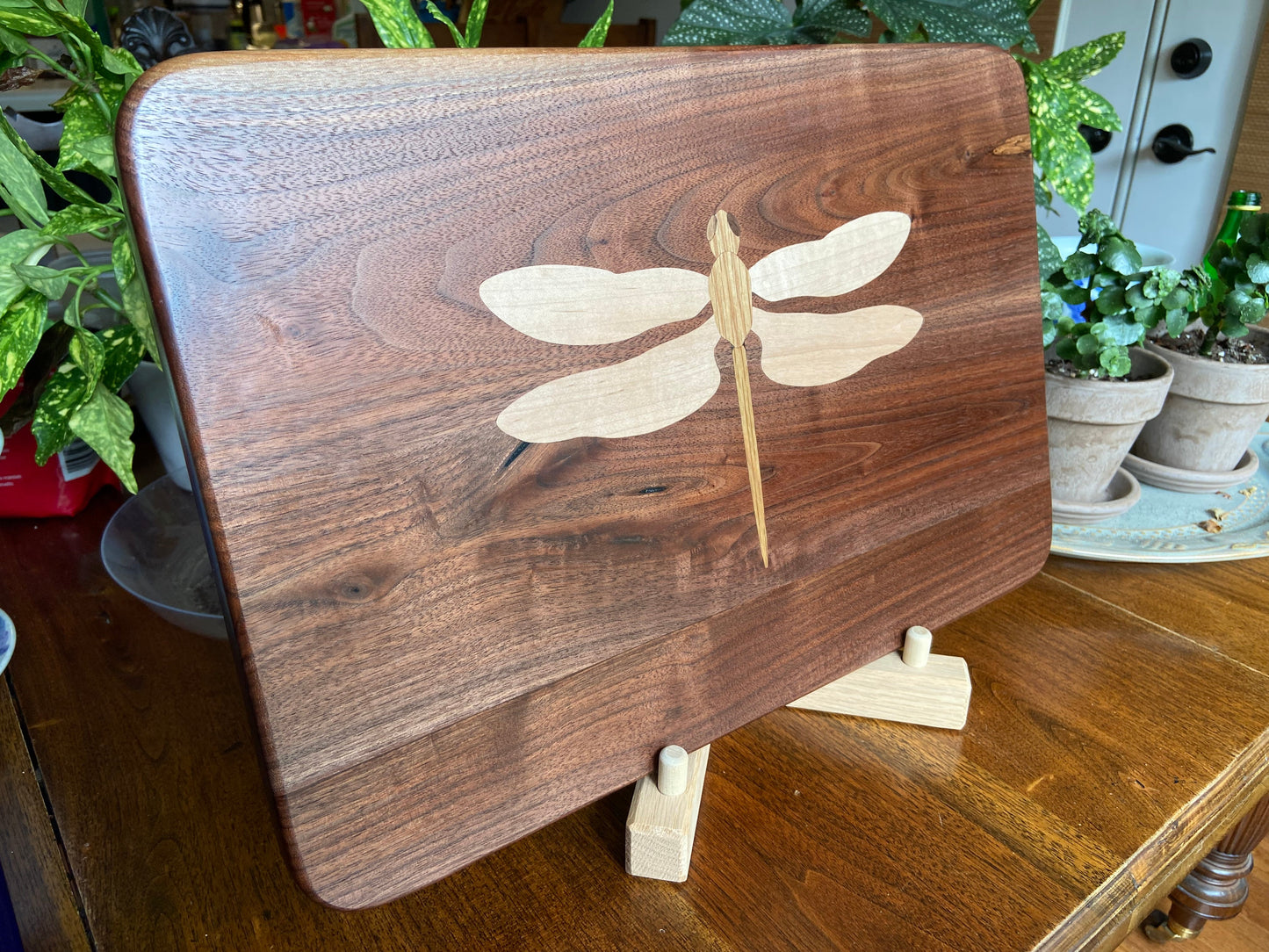 Walnut Charcuterie Board with Dragonfly Inlay - Handcrafted Woodwork