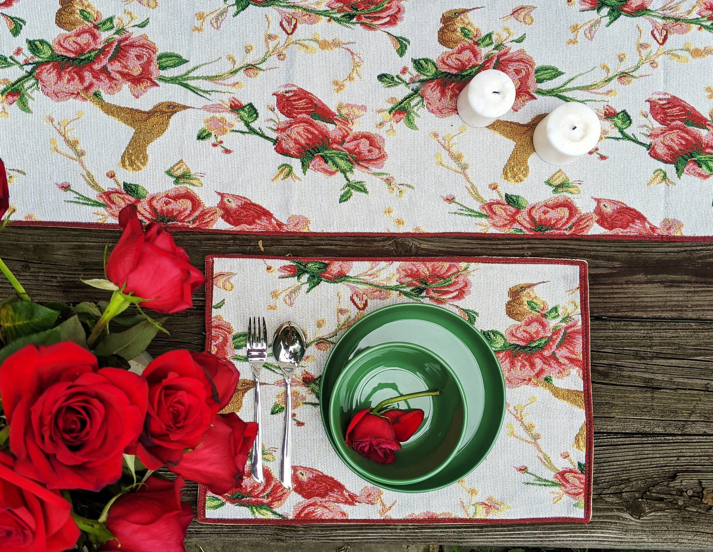 Tache Floral Red Roses Hummingbirds Ivory Woven Tapestry Table Runner (18109)