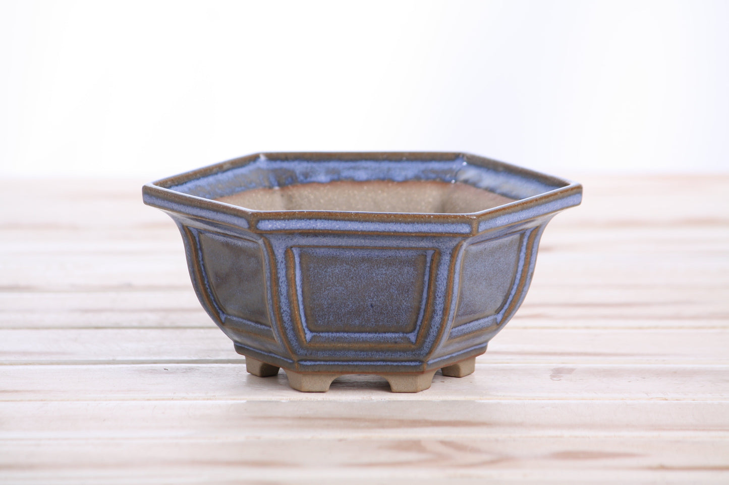 Willow Bonsai Ceramics Hexagonal Windowed Bonsai Pot 5 Inch – Semi‑Cascade Planter, High‑Fired Frost‑Proof Stoneware with Drainage & Wiring Holes, Handmade in USA (Denim)