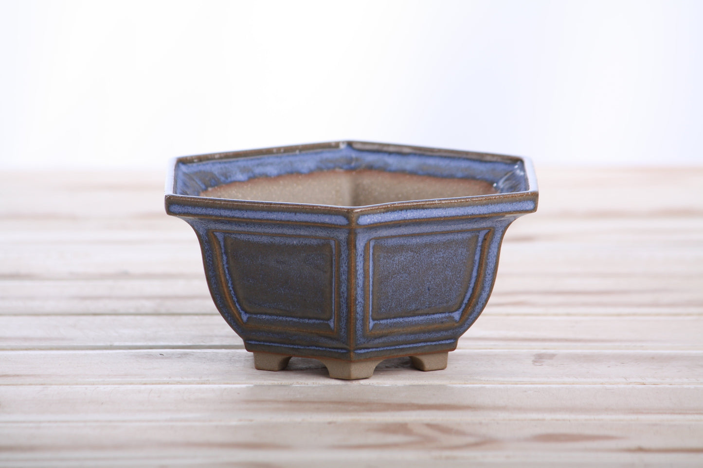 Willow Bonsai Ceramics Hexagonal Windowed Bonsai Pot 5 Inch – Semi‑Cascade Planter, High‑Fired Frost‑Proof Stoneware with Drainage & Wiring Holes, Handmade in USA (Denim)