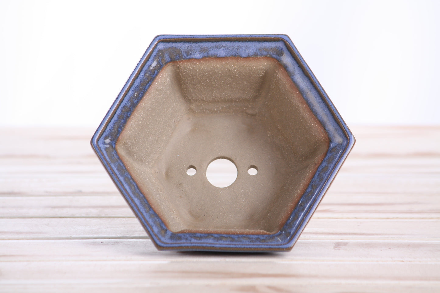 Willow Bonsai Ceramics Hexagonal Windowed Bonsai Pot 5 Inch – Semi‑Cascade Planter, High‑Fired Frost‑Proof Stoneware with Drainage & Wiring Holes, Handmade in USA (Denim)