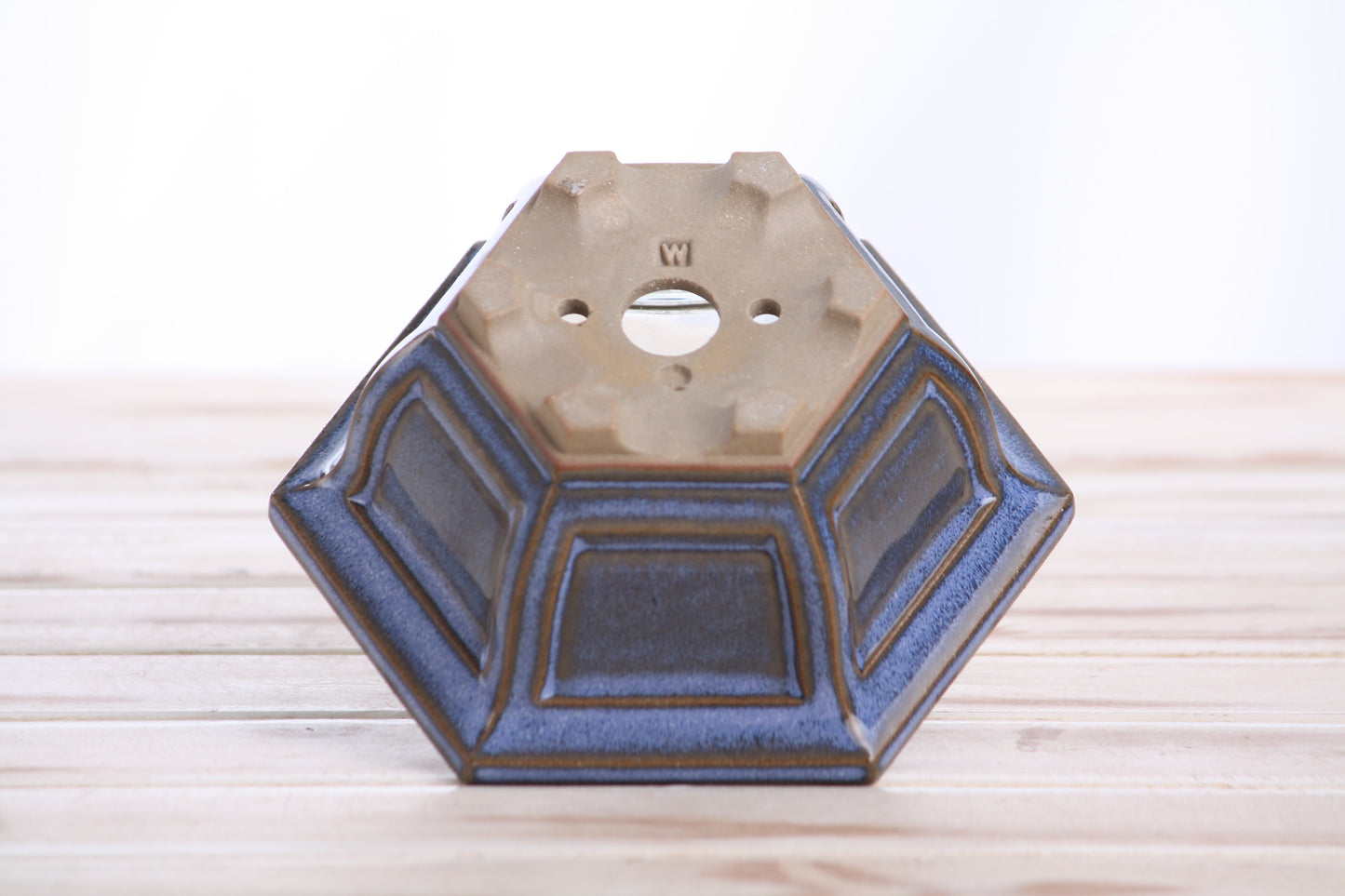 Willow Bonsai Ceramics Hexagonal Windowed Bonsai Pot 5 Inch – Semi‑Cascade Planter, High‑Fired Frost‑Proof Stoneware with Drainage & Wiring Holes, Handmade in USA (Denim)
