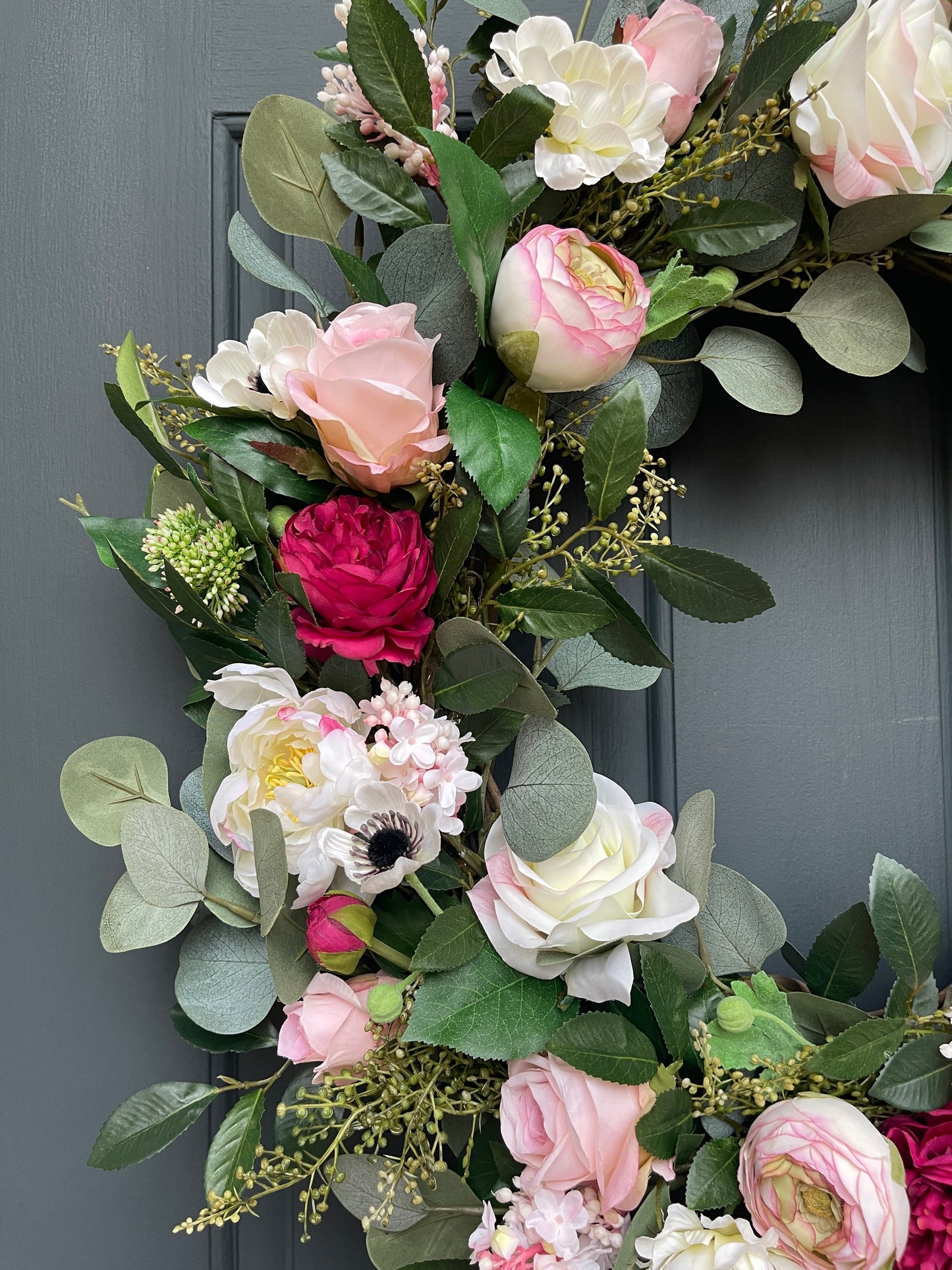 Pink Peony Wreath with Cream Roses & Eucalyptus