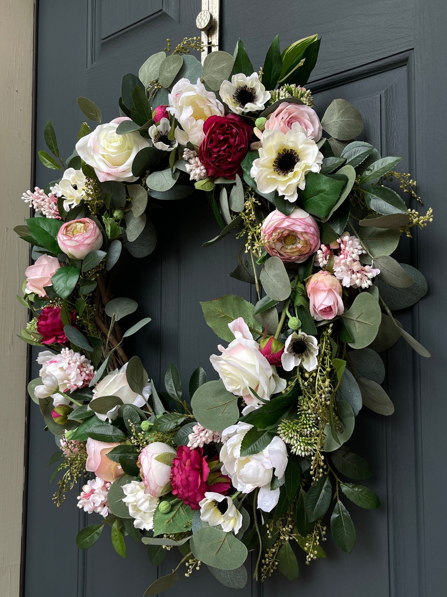 Pink Peony Wreath with Cream Roses & Eucalyptus