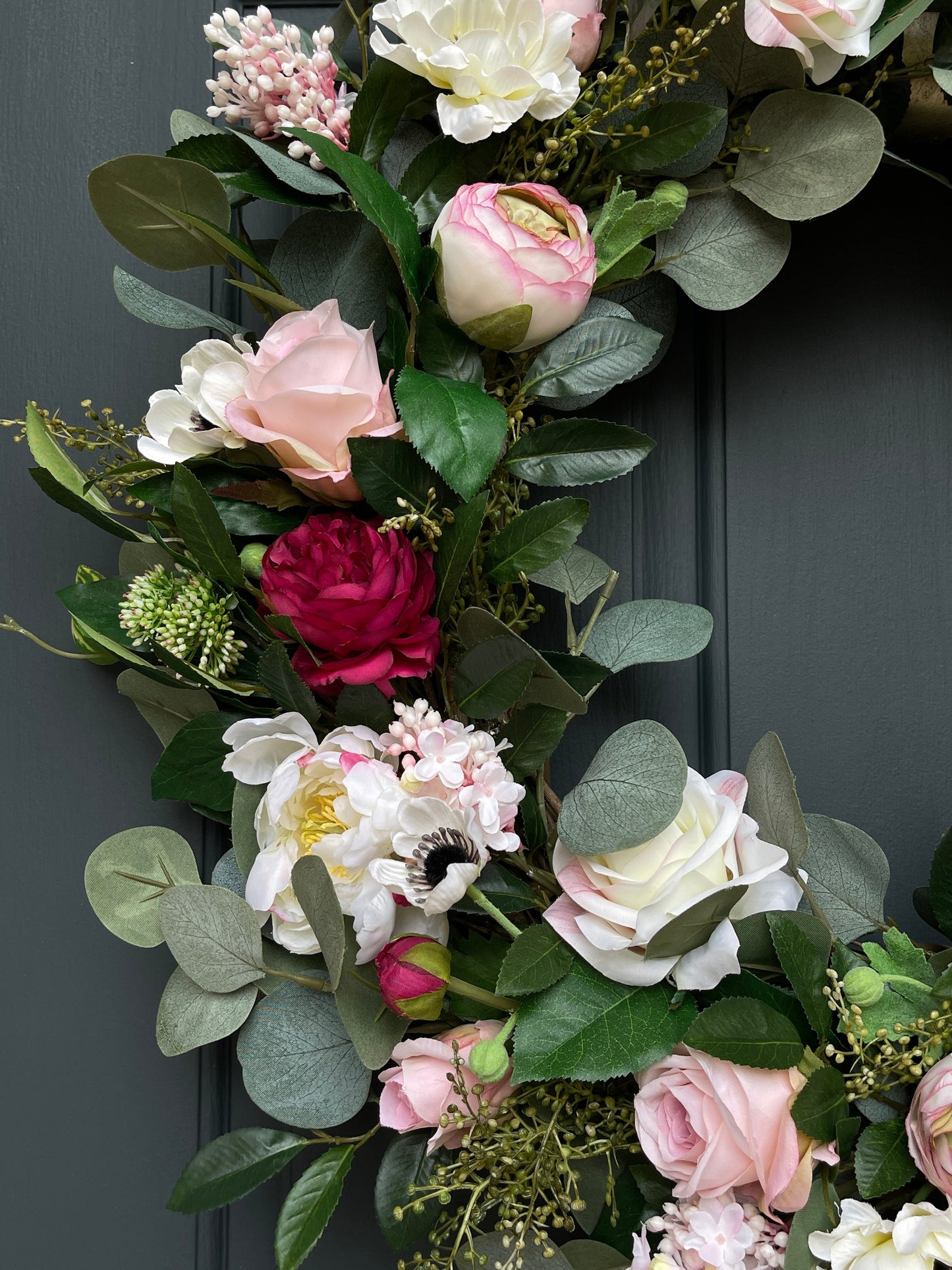 Pink Peony Wreath with Cream Roses & Eucalyptus