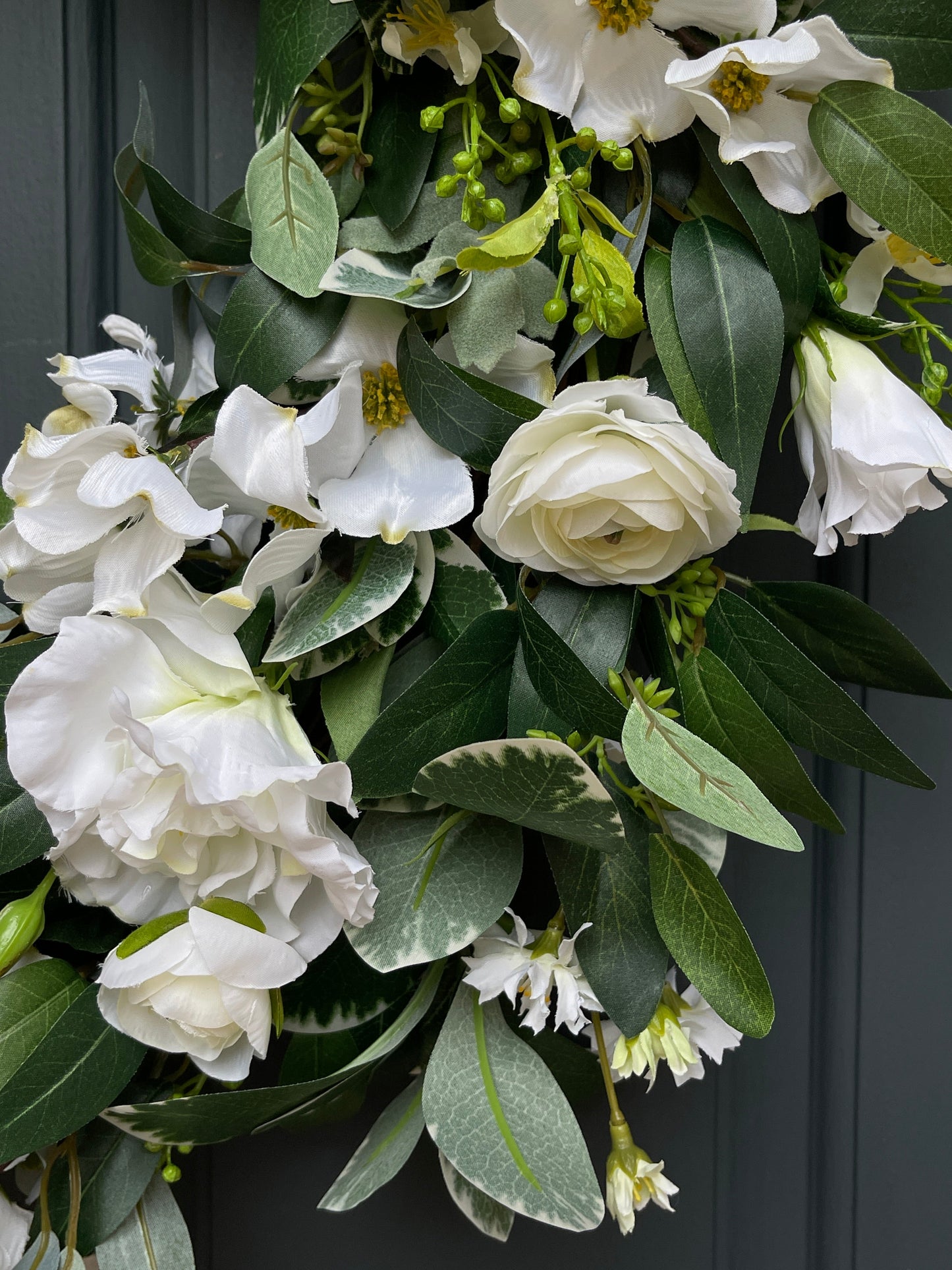White & Green Dogwood, Ranunculus, and Eucalyptus Wreath