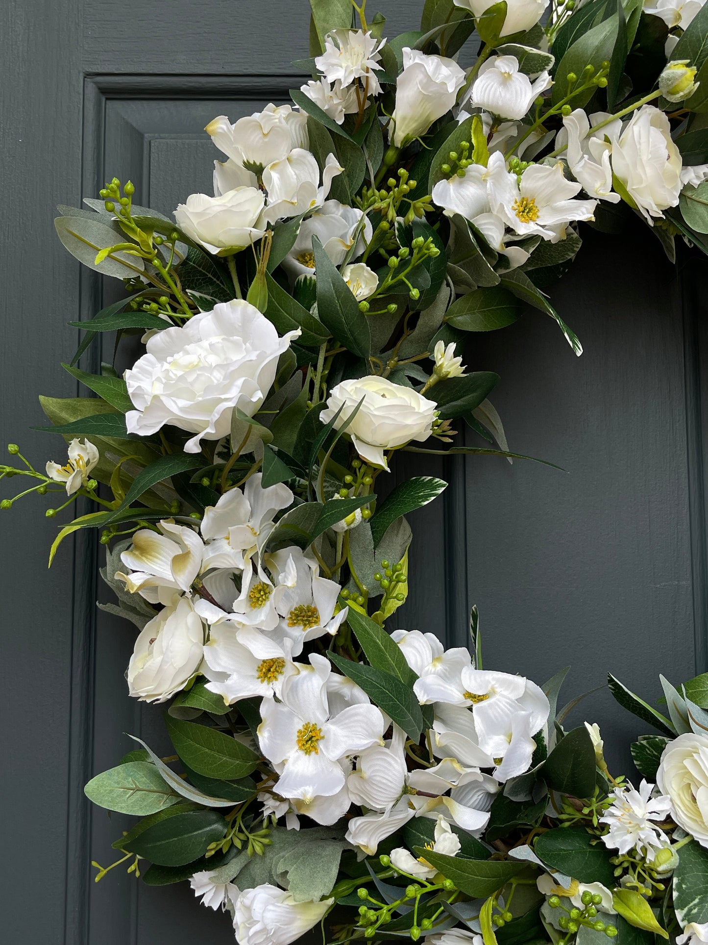 White & Green Dogwood, Ranunculus, and Eucalyptus Wreath