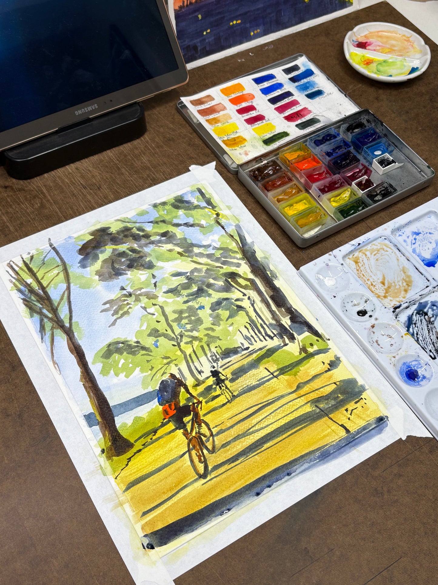 Biking in the Light, Manhattan, Hudson River, watercolor painting