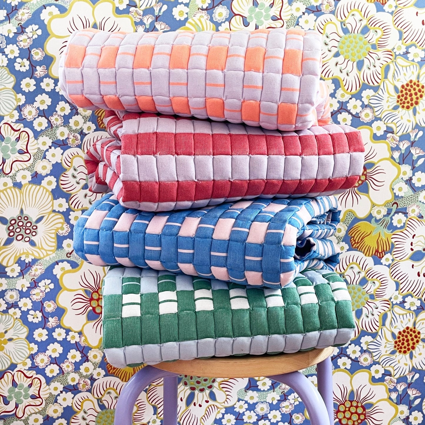 Quilted Sujani Throw Blanket - Soft Pink and Blue