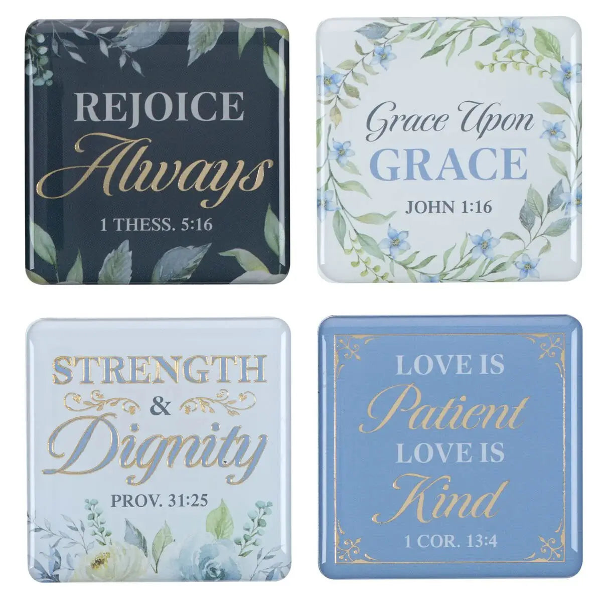 Magnet Set featuring inspirational quotes: Rejoice Always, Grace Upon Grace, Strength & Dignity, Love is Patient.