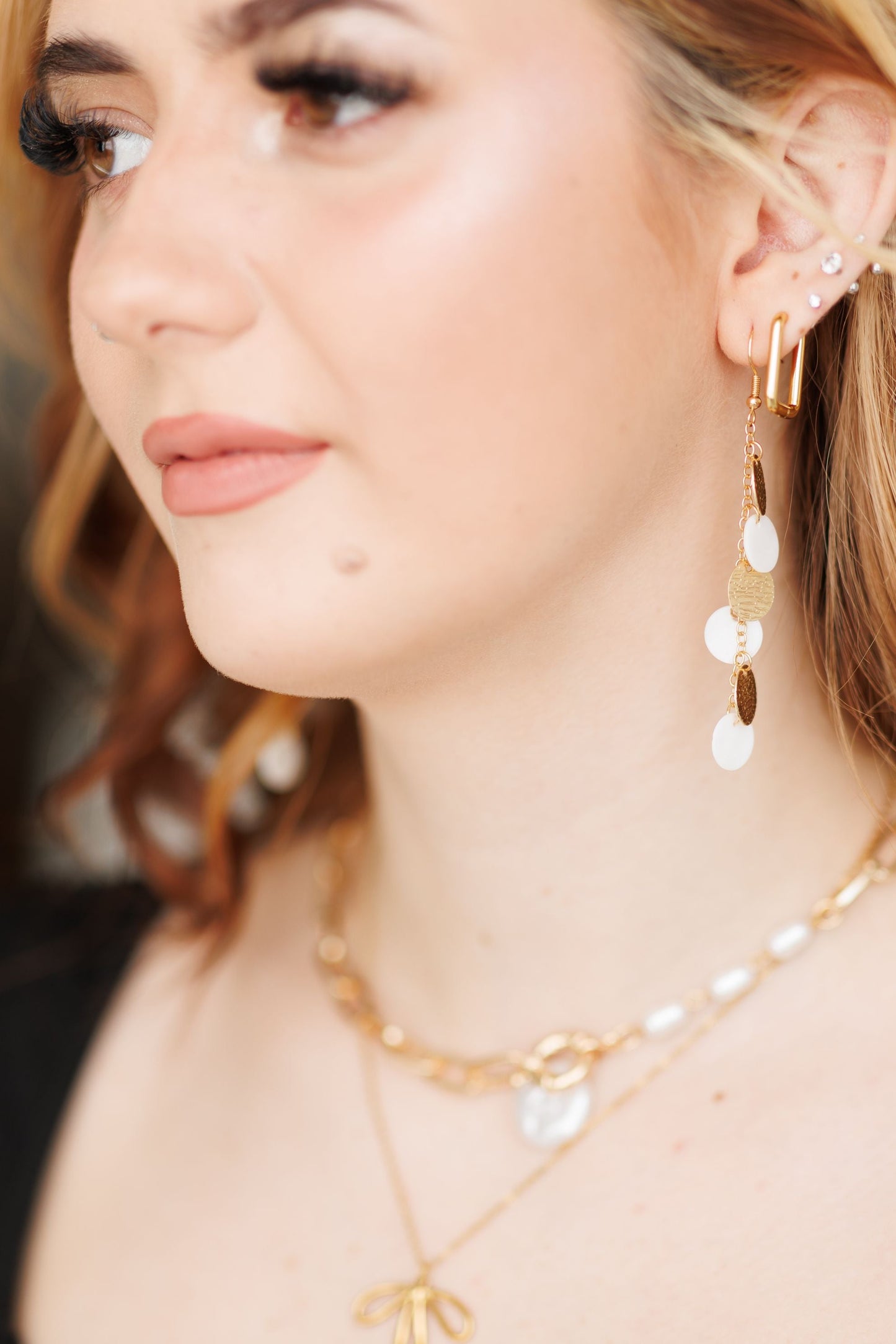 Beautiful Gold and White Disc Drop Earrings
