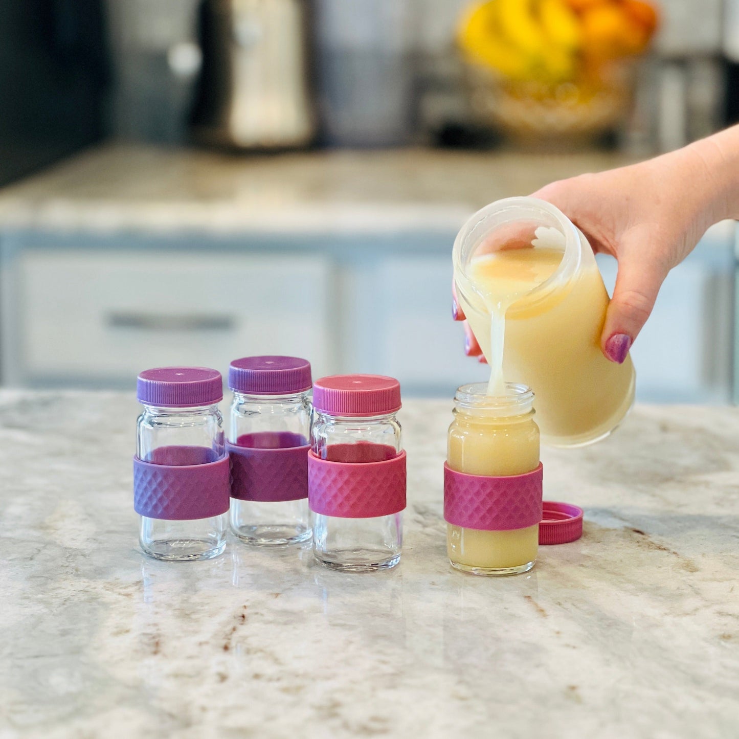 Glass Juice Shot Bottles Set w/ Colored Lids & Grip Bands, 8 Pack Set, 2oz