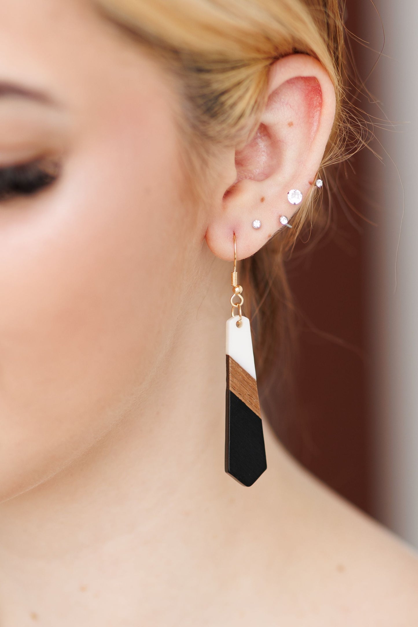 Beautiful Slim Black and White Resin Wood Earrings