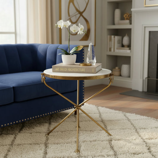 18 in. Round Metal End Table With White Marble and Mother Of Pearl Inlay