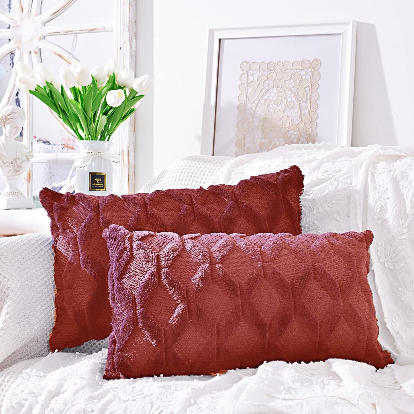 One 18"x18" with a matching color of one 12"x20" Square and rectangle combo set throw pillow covers with inserts