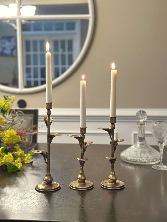 Antique Brass Leaf Candle Holders Set