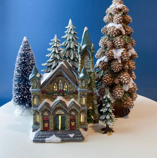 Illuminated Stoney Bridge Church by Santa's Workbench Collection. Victorian Series. Christmas Village Building. Porcelain Lighted House.