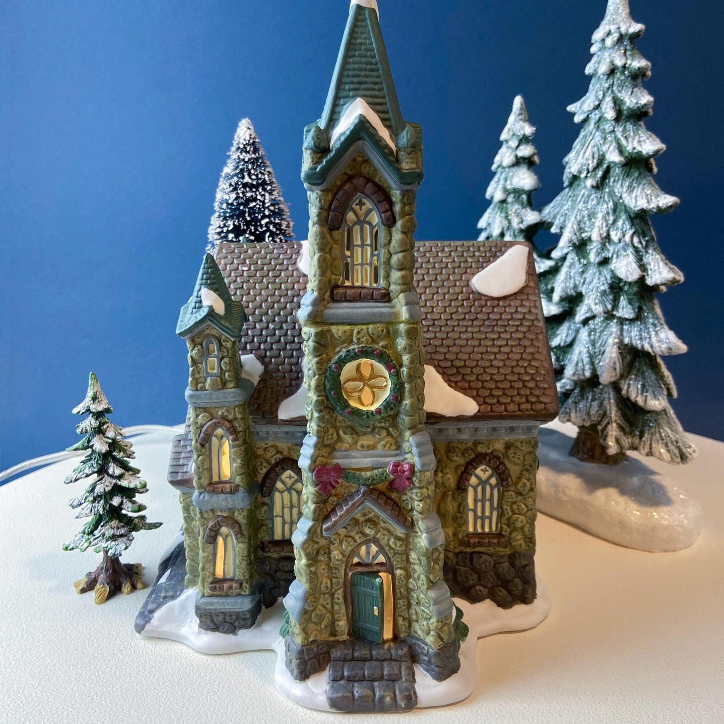 Illuminated Stoney Bridge Church by Santa's Workbench Collection. Victorian Series. Christmas Village Building. Porcelain Lighted House.